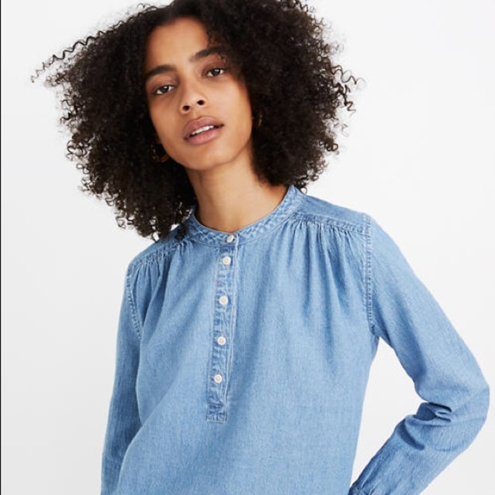 Madewell Denim Shirred Popover Top in Emmie Wash